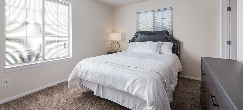 a bedroom with a bed and a dresser and a window