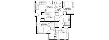 3 Bedroom 2 Bath 2D Floorplan-Horace Mann Apartments, Gary, IN