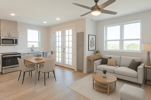 A modern kitchen with a dining table and chairs.