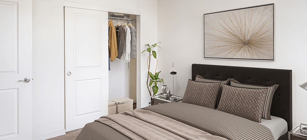 a bedroom with a bed and a closet