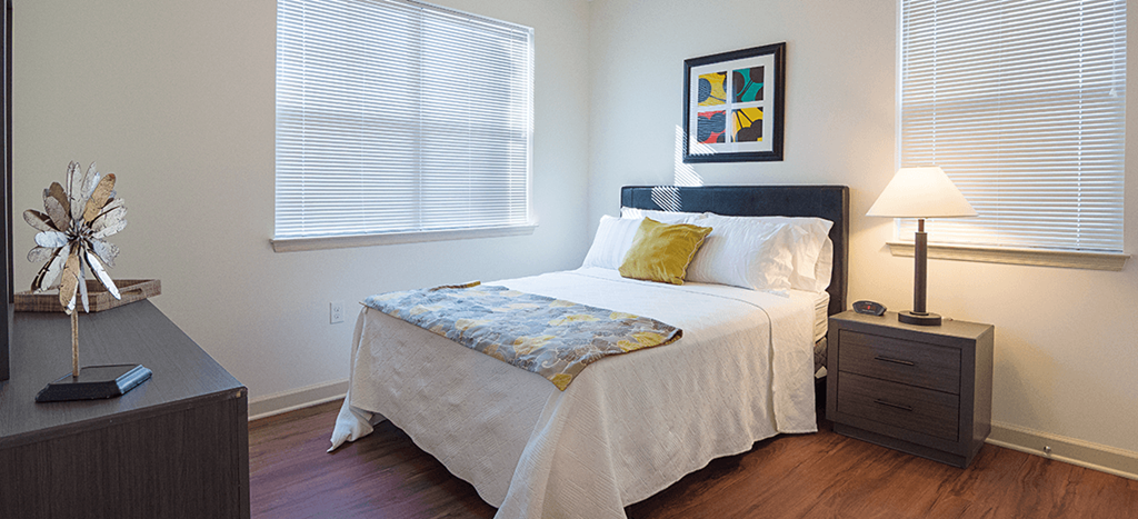 a bedroom with a bed and a dresser with a lamp and two windows