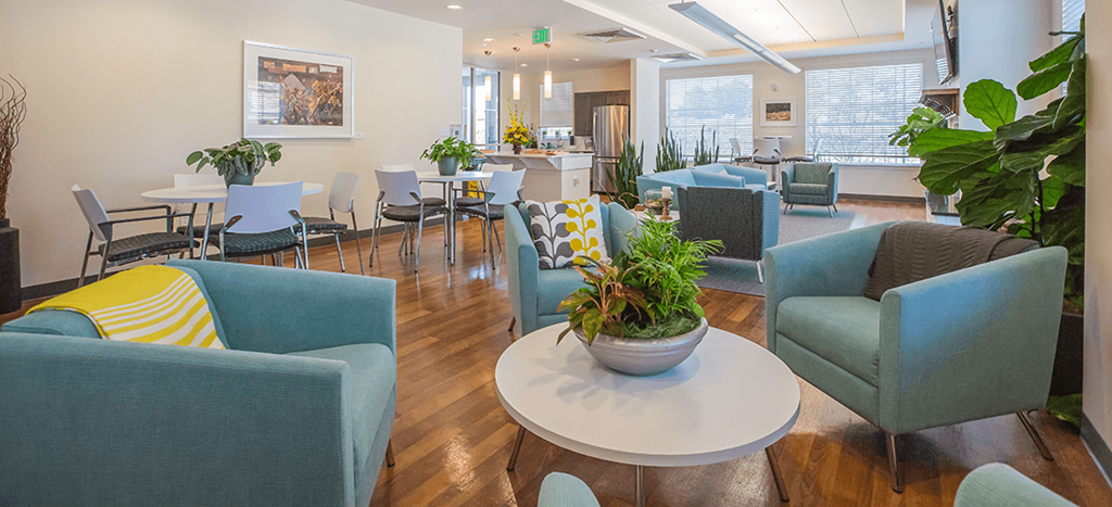 Lofts at Southside clubhouse with blue chairs and a table with a potted plant