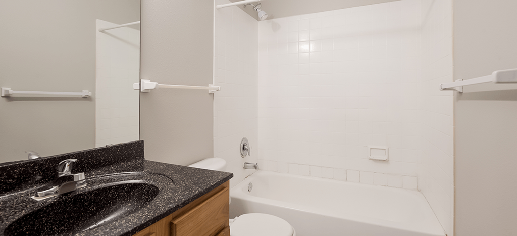 a bathroom with a tub and a sink and a mirror