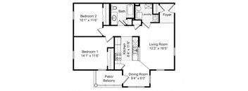 2 Bedroom 1 Bath Garden 2D Floorplan-Renaissance Place at Grand Apartments, St. Louis, MO