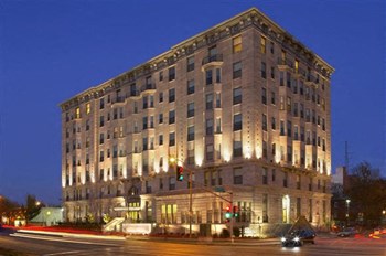 Corner street view at night-Washington Apartments, St. Louis, MO