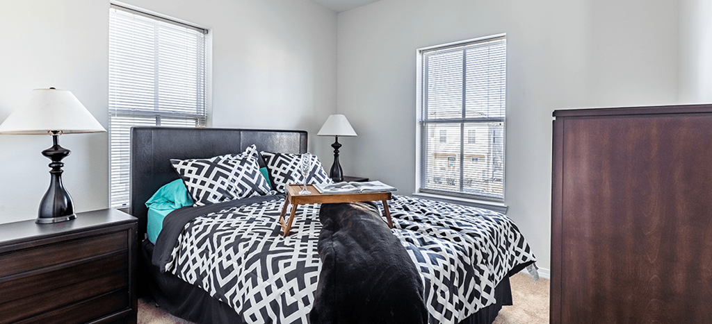 a bedroom with a bed and two windows