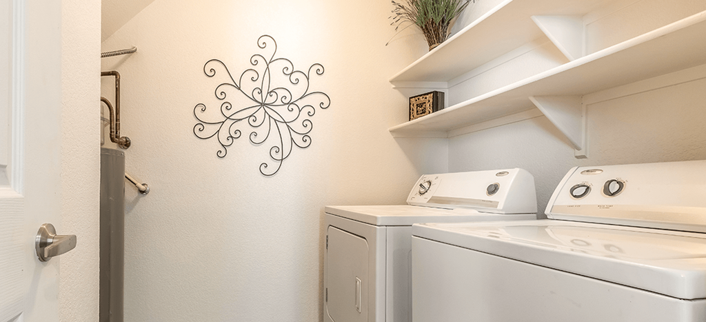 a laundry room with a washer and dryer and a wall with a plant
