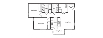 Two bedroom one and a half bath apartment floorplan for Metropolitan Village and Cumberland Manor Apartments