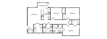 Three bedroom with two and a half bathroom apartment floorplan at Metropolitan Village and Cumberland Manor Apartments
