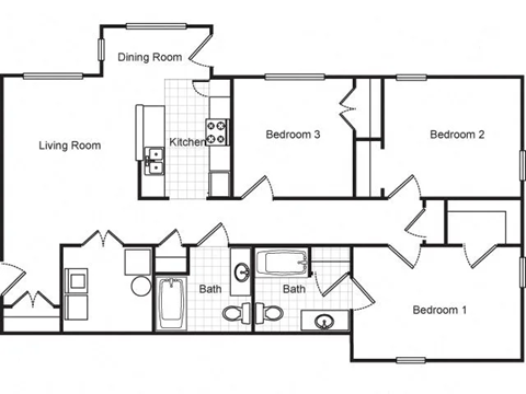 Three bedroom with two and a half bathroom apartment floorplan at Metropolitan Village and Cumberland Manor Apartments