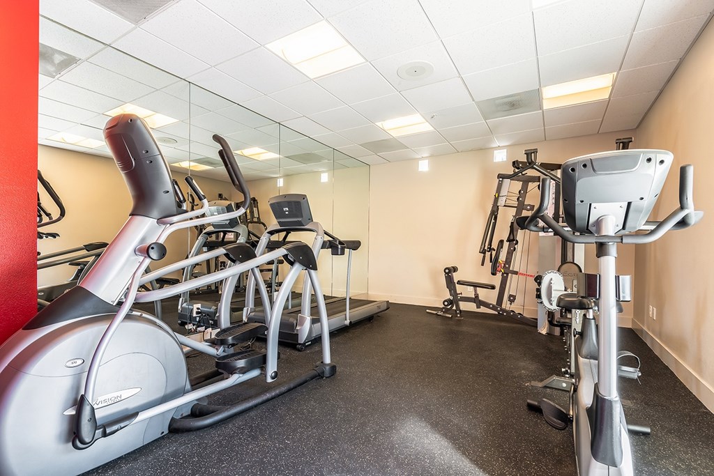 A gym with a row of stationary bikes and a weight machine.