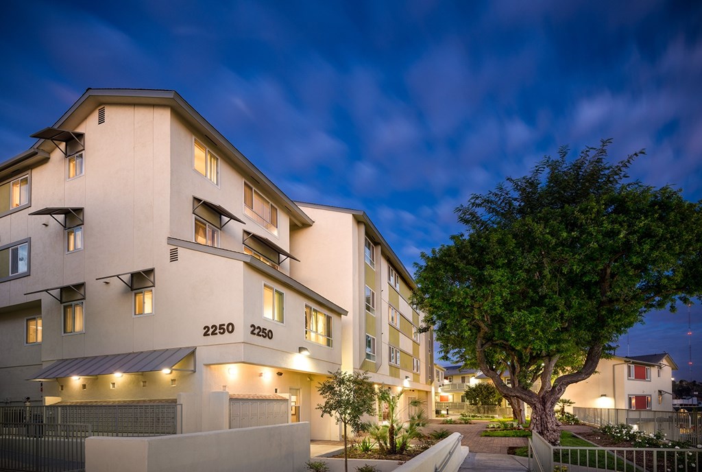 A modern apartment building with a tree in front of it.