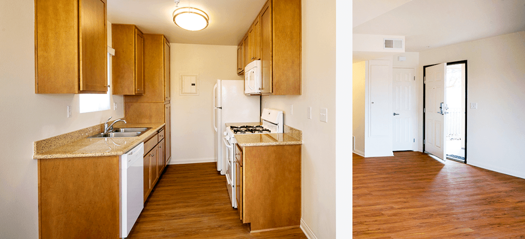 Mission Plaza Apartments; a kitchen with wood floors and wooden cabinets and a white refrigerator