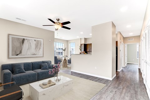 a living room with a couch and a coffee table