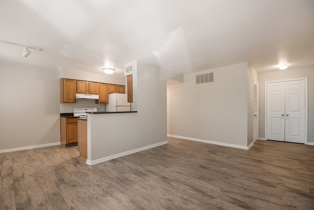 A kitchen area with wooden cabinets and a countertop.