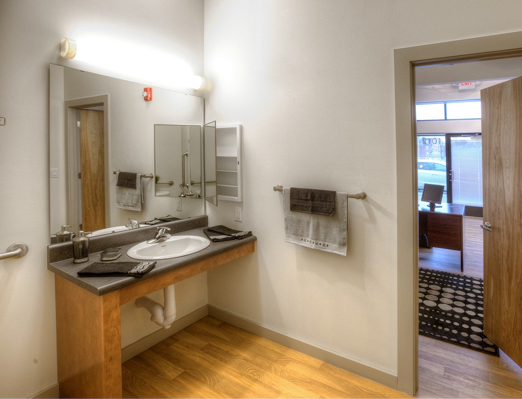 a bathroom with a sink and a mirror in a hotel room
