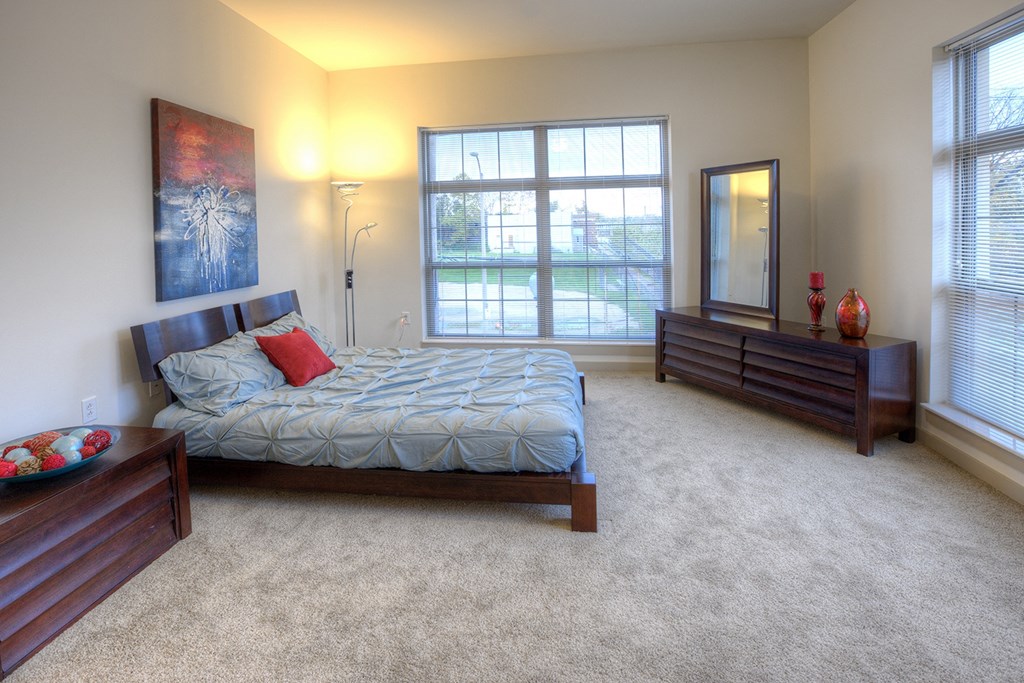 a bedroom with a bed and a dresser and a window