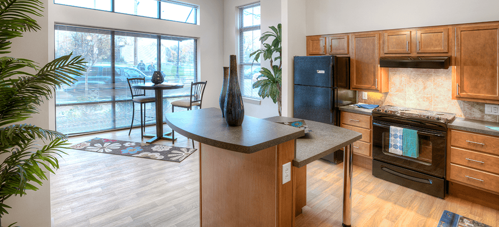 a kitchen with a center island with a black refrigerator and a window at North Sarah Apartments