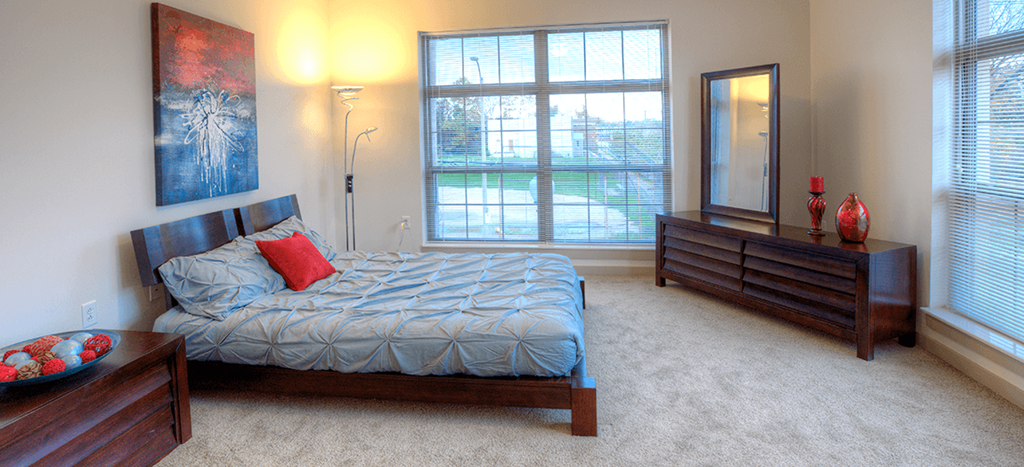 a bedroom with a bed and a dresser and a window