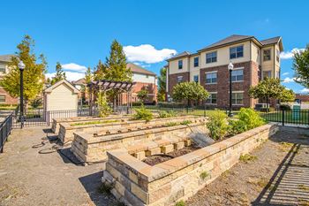 A community garden with raised beds and apartment buildings in the background.