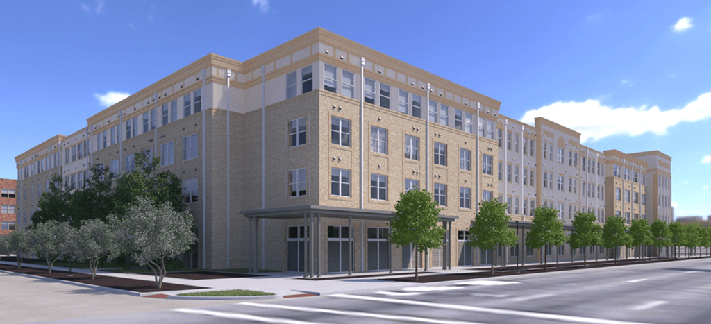 an artist rendering of a building on the corner of a street at Oleanders at Broadway Apartments