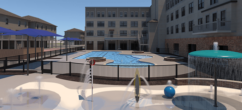 a rendering of an outdoor pool with water features and buildings