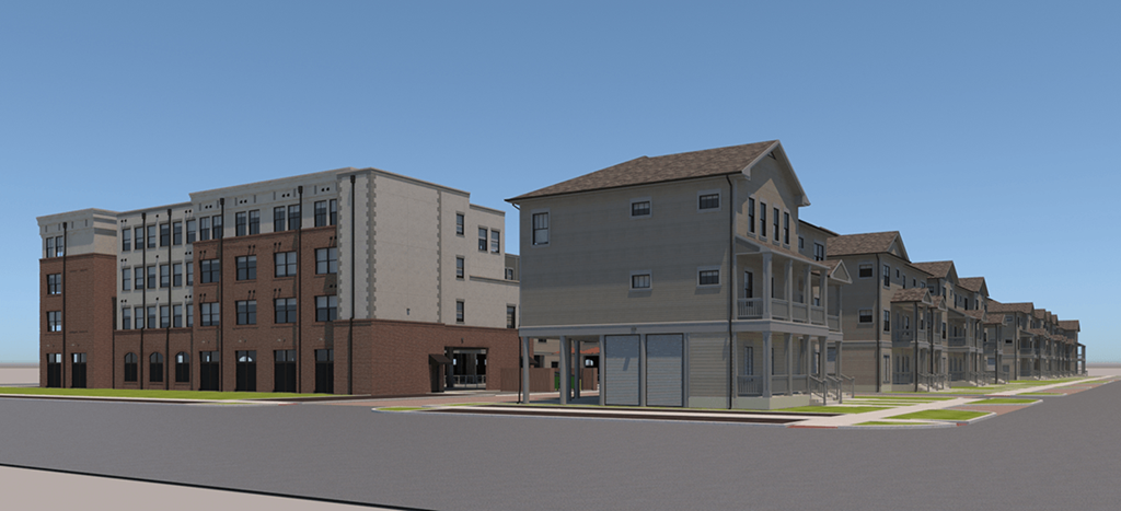 a rendering of an apartment building on the corner of a street at Oleanders at Broadway Apartments