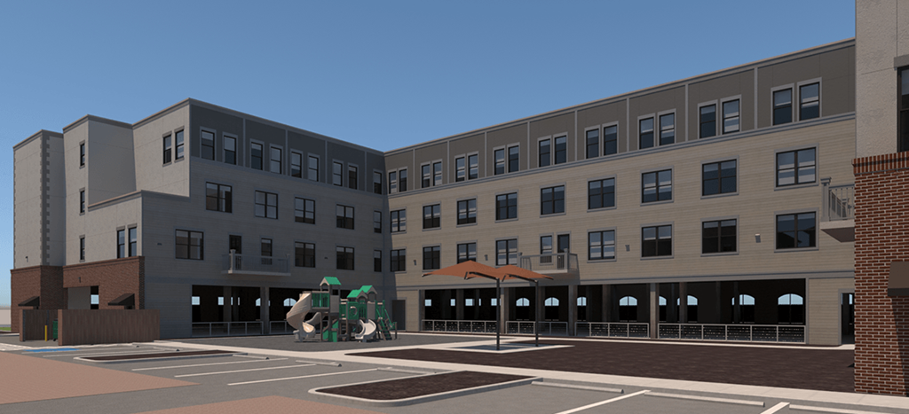 a rendering of a large building with a playground in front of it at the Oleanders at Broadway Apartments
