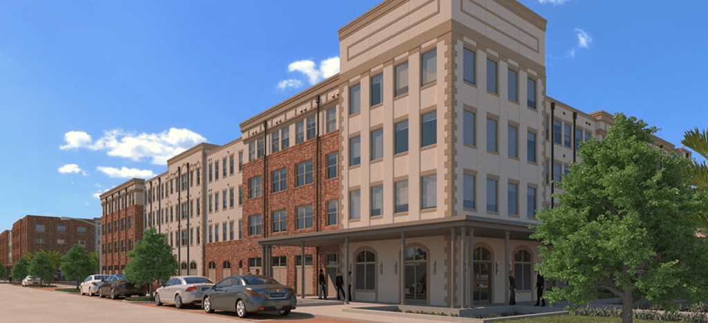 a rendering of a building on a city street at Oleanders at Broadway Apartments