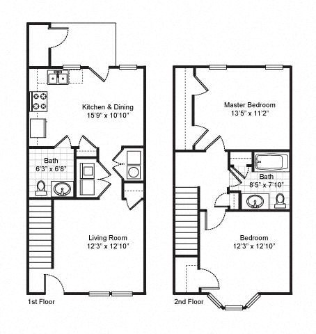 2 Bedroom 1.5 Bath Townhouse 2D Floorplan-Fairfield Apartments Pittsburgh, PA