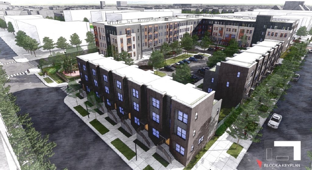 an aerial view of a city street with buildings