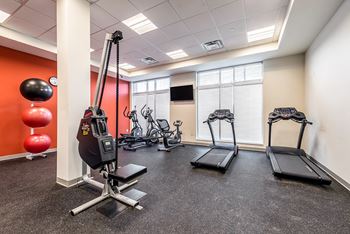 A gym with a row of treadmills and a weight lifting machine.
