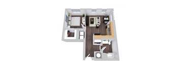 A 3D rendered image of a modern apartment layout.
