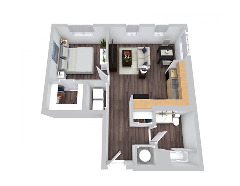 A 3D rendered image of a modern apartment layout.