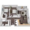 A floor plan of a small apartment with a kitchen, living room, and two bedrooms.