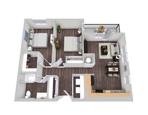 A 3D floor plan of a small apartment with a kitchen, living room, and bedroom.