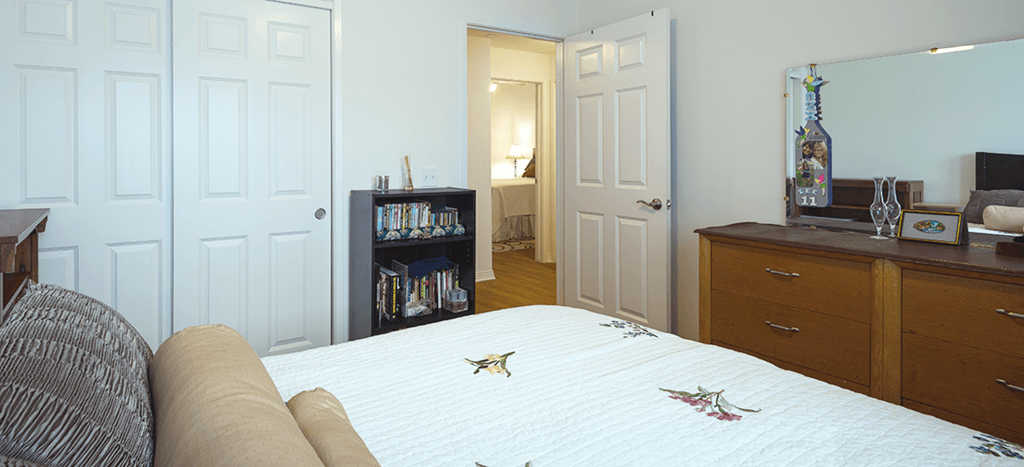 a bedroom with a bed and a dresser and a closet