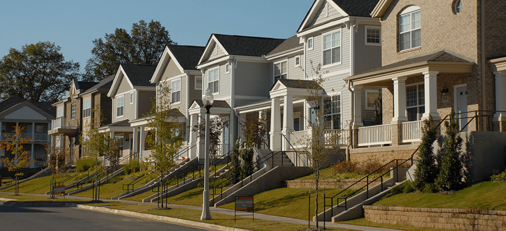 a row of town homes on a street