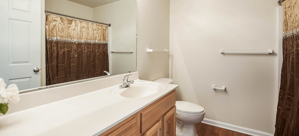 a bathroom with a sink toilet and a mirror at University Place Apartments