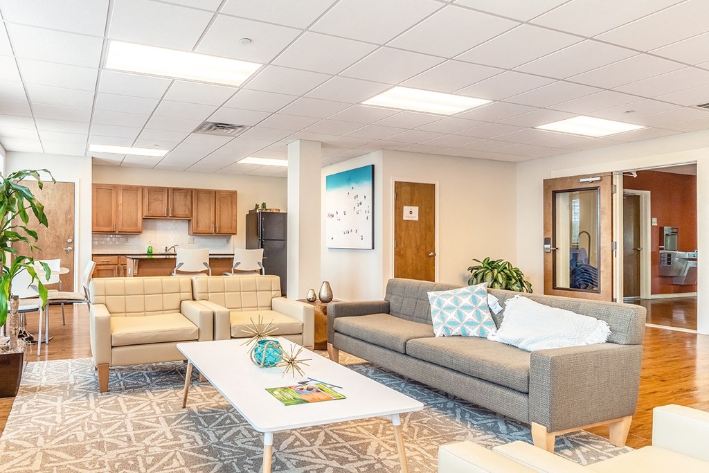 a living room with couches and a table