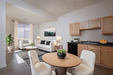 a living room and kitchen with a table and chairs