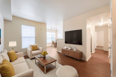 a living room with a couch and a coffee table and a television