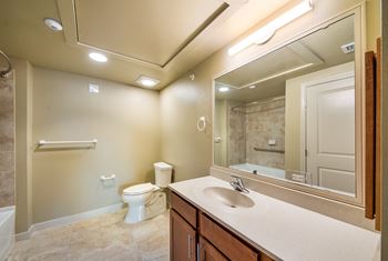 a bathroom with a sink and a toilet and a mirror at Wheatley Park Senior Living San Antonio