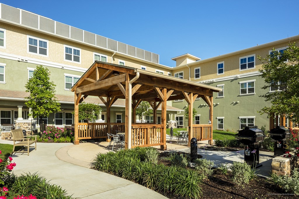 a pavilion in the middle of an apartment complex
