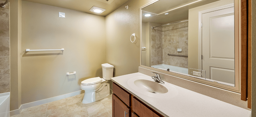 a bathroom with a sink toilet and a mirror
