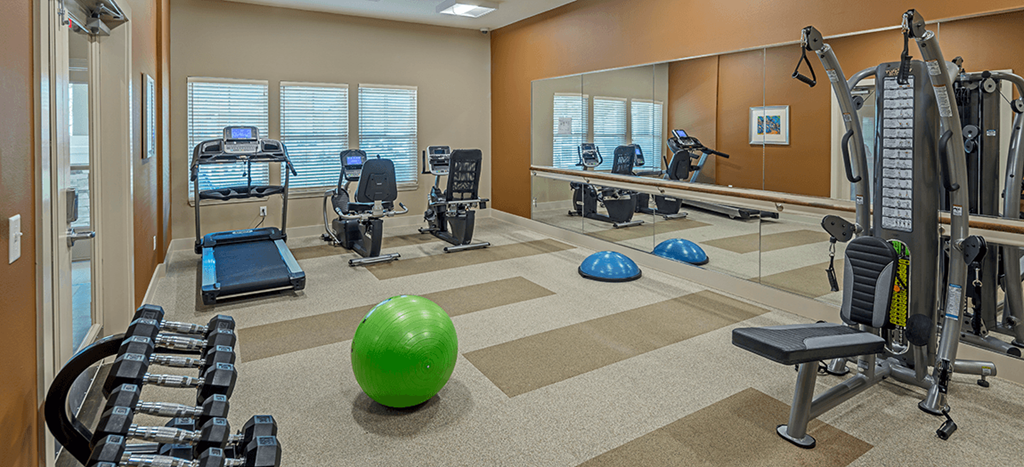 a gym with cardio machines and weights in a large mirror at Wheatley Park Senior Living Apartments