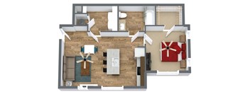 3D floor plan of a 1 bedroom, 1 bath apartment with an open floor plan and in-unit washer and dryer.