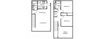Three Bedroom Two Bath Townhouse 2D Floorplan at The Brewery Apartments