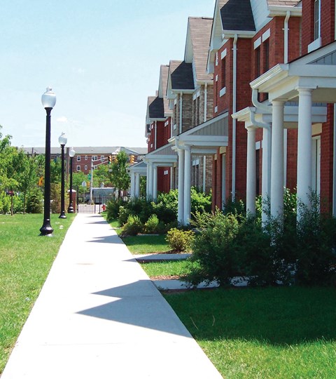 A long white pathway leads the eye through a grassy area and up a hill.