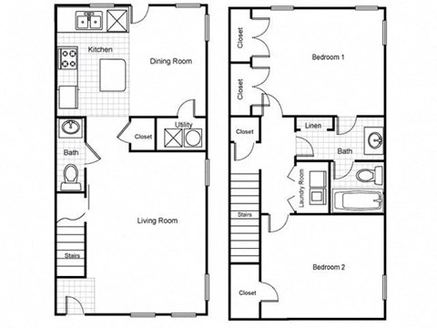 A floor plan of a two bedroom apartment with a living room, dining room, kitchen, bathroom and utility closet.